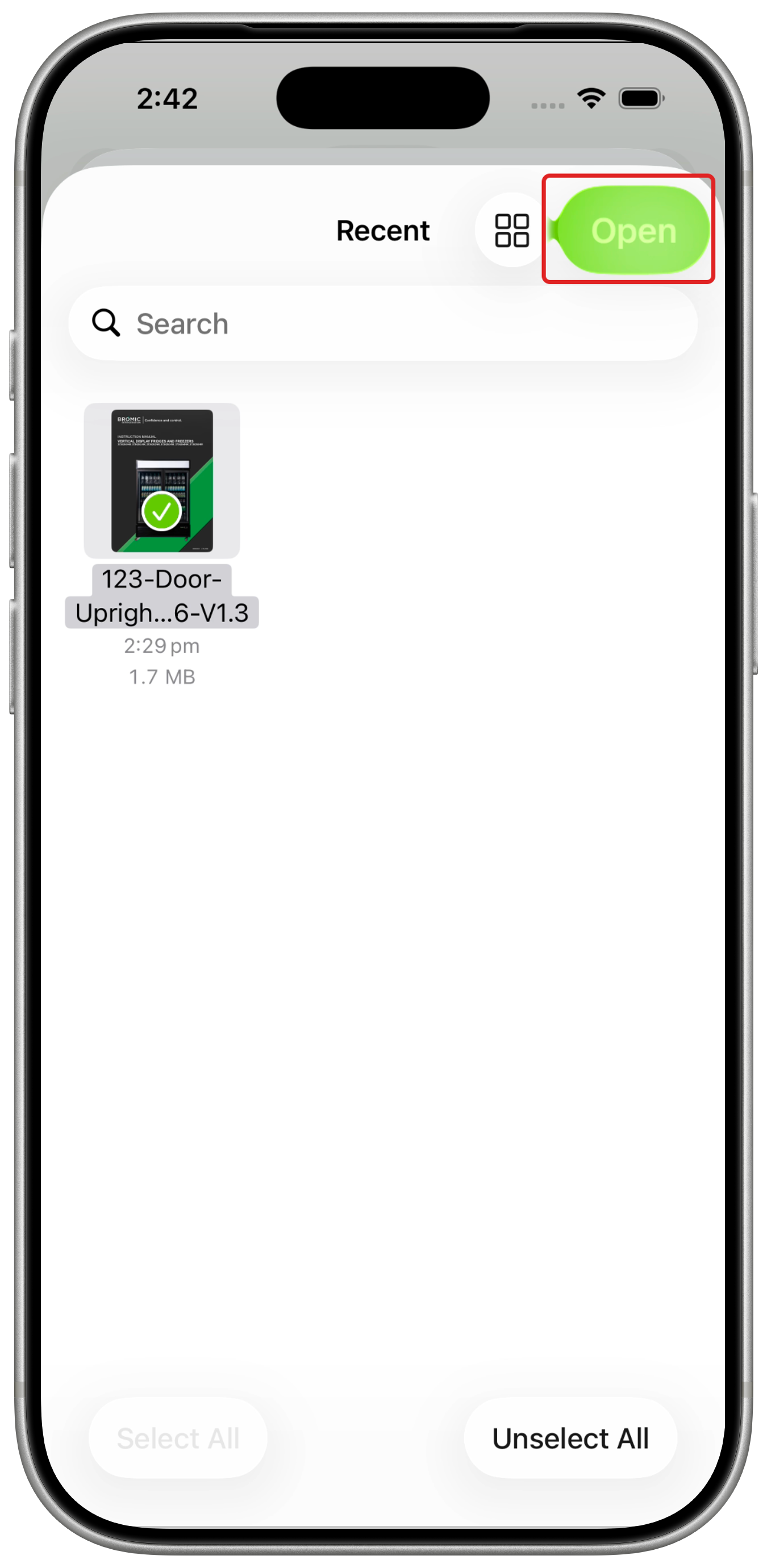 A file selected in Files with Open outlined