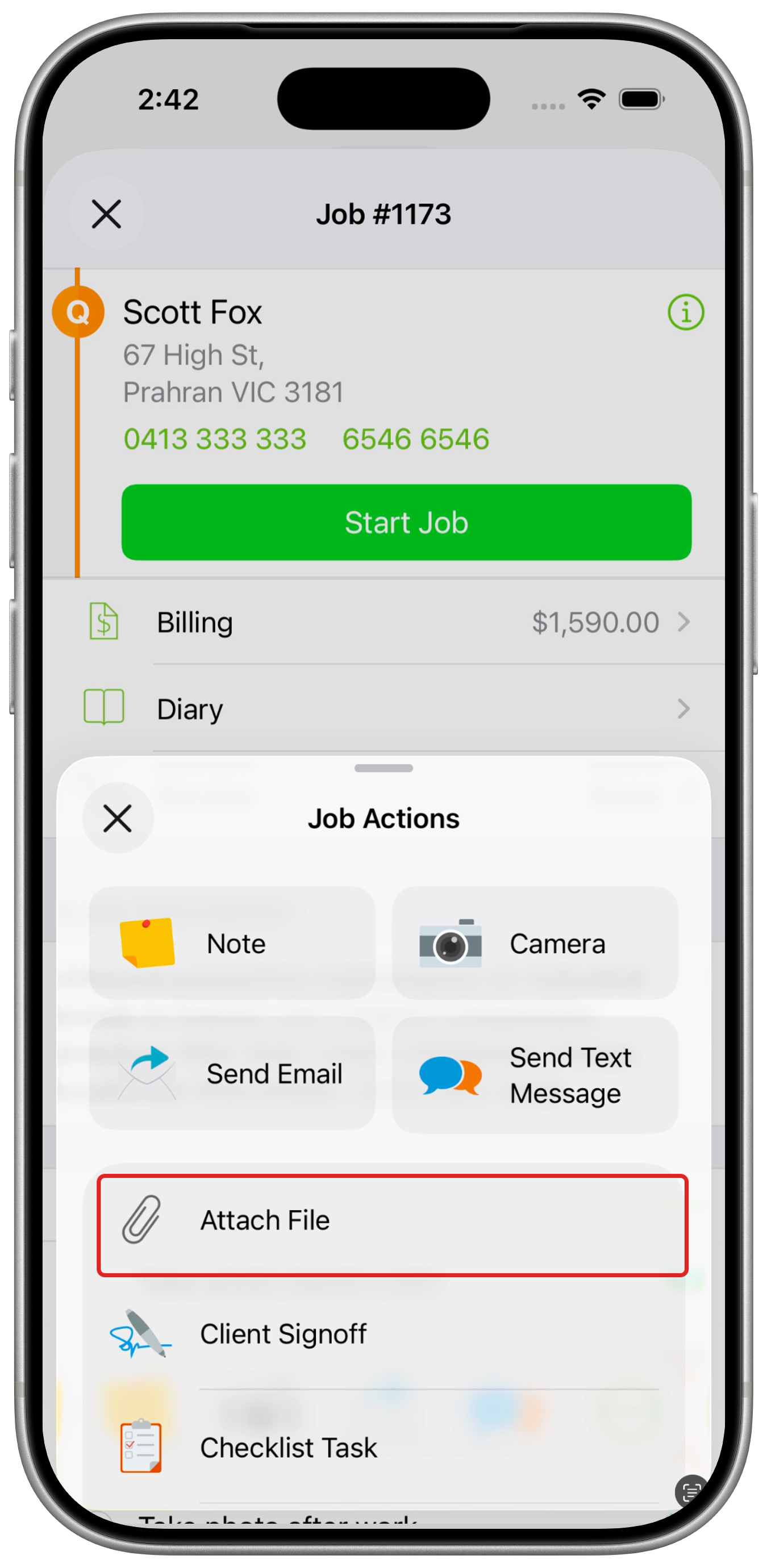 Job Actions with Attach File outlined