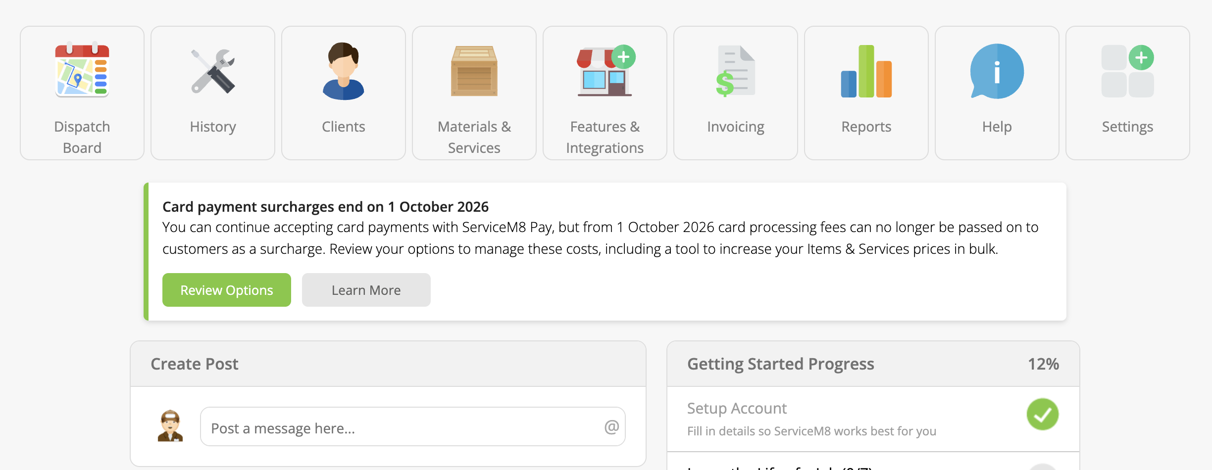 Card payment surcharge notice on the Home tab in the Online Dashboard.