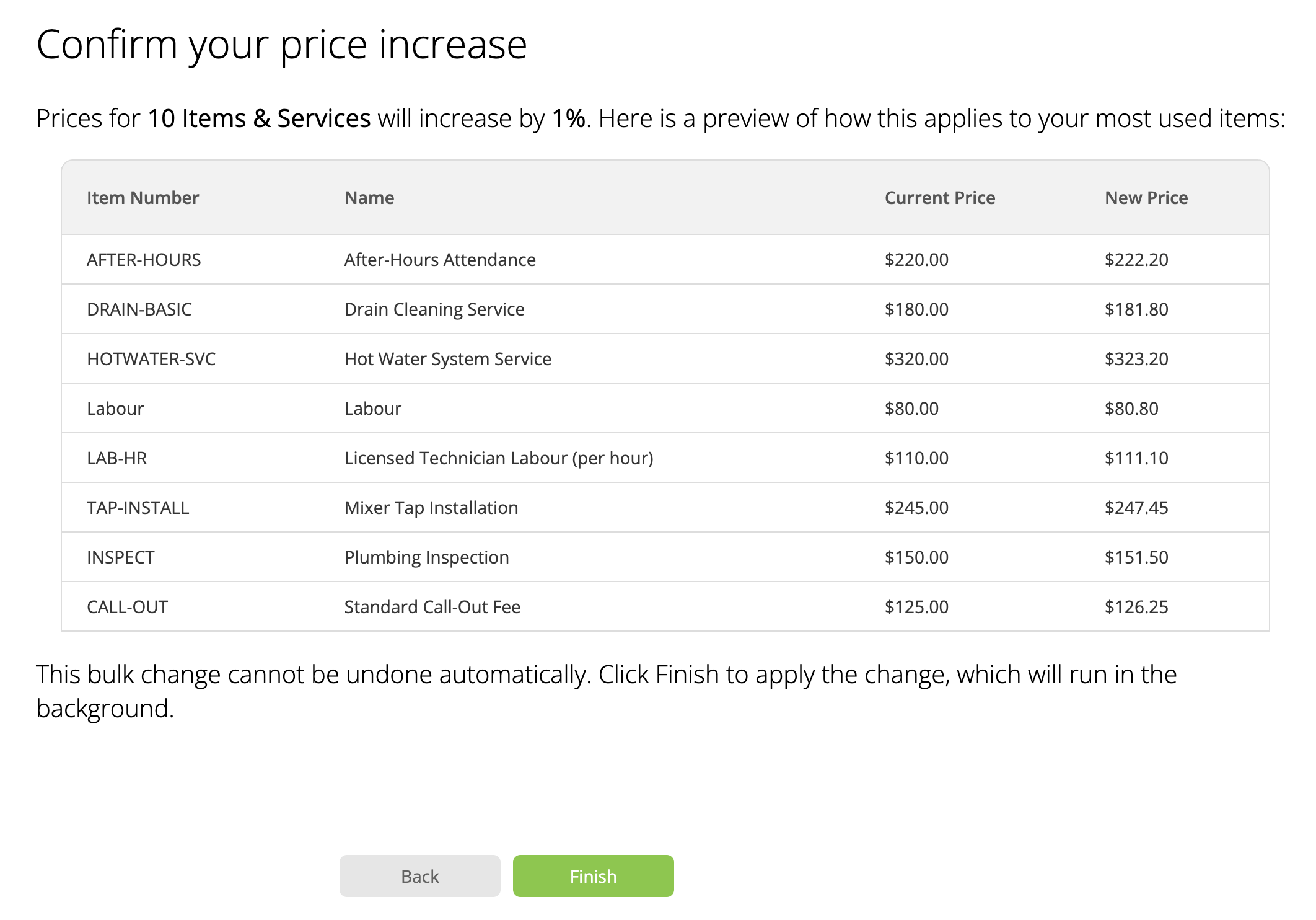Final confirmation and preview for a bulk Items and Services price increase.