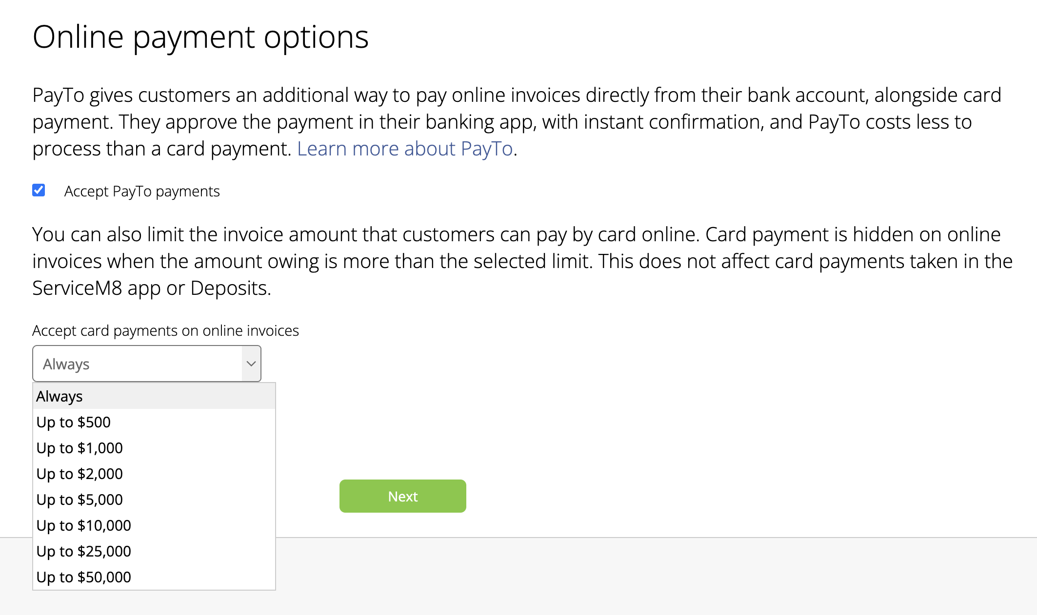PayTo and online invoice card payment options in the card surcharge preparation wizard.