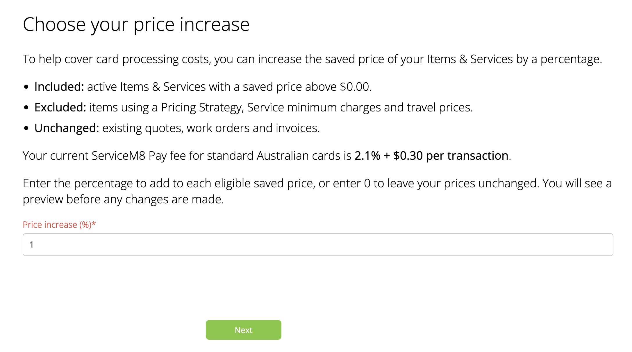 Price increase settings in the card surcharge preparation wizard.