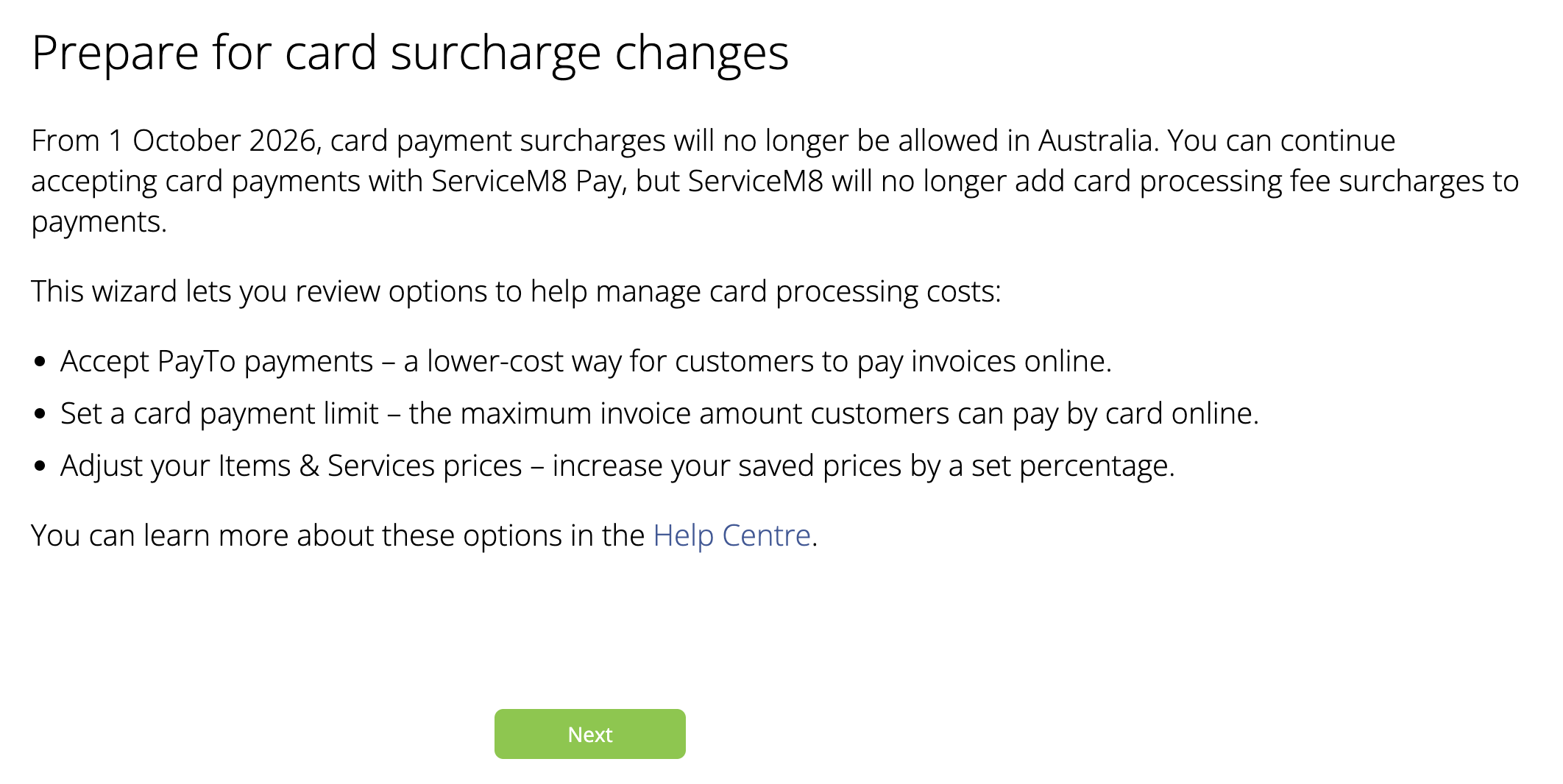 Introduction to the card surcharge preparation wizard.
