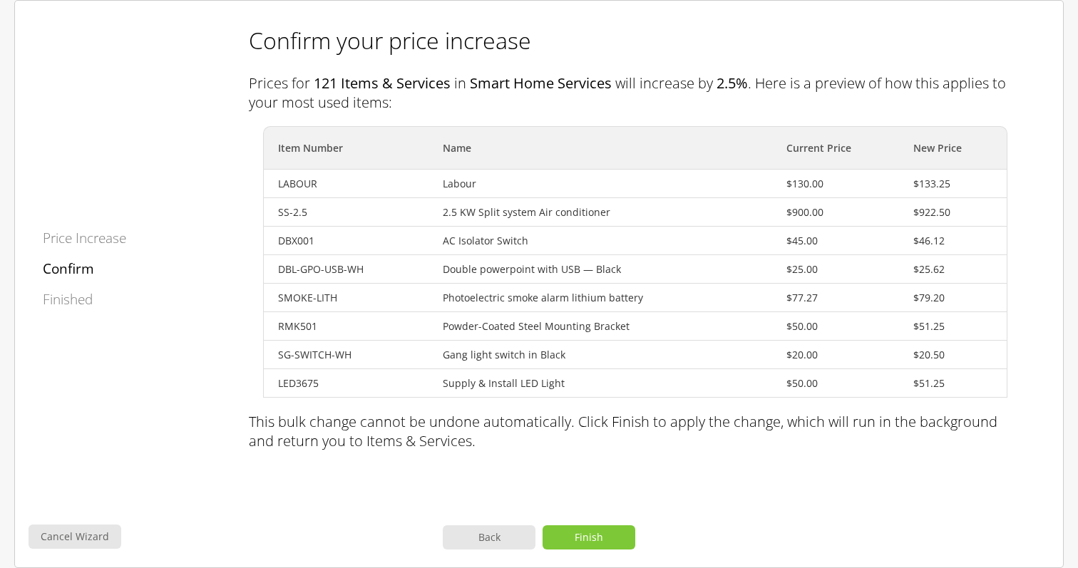 The Bulk Price Increase confirmation showing the affected count, eight sample prices and confirmation buttons.