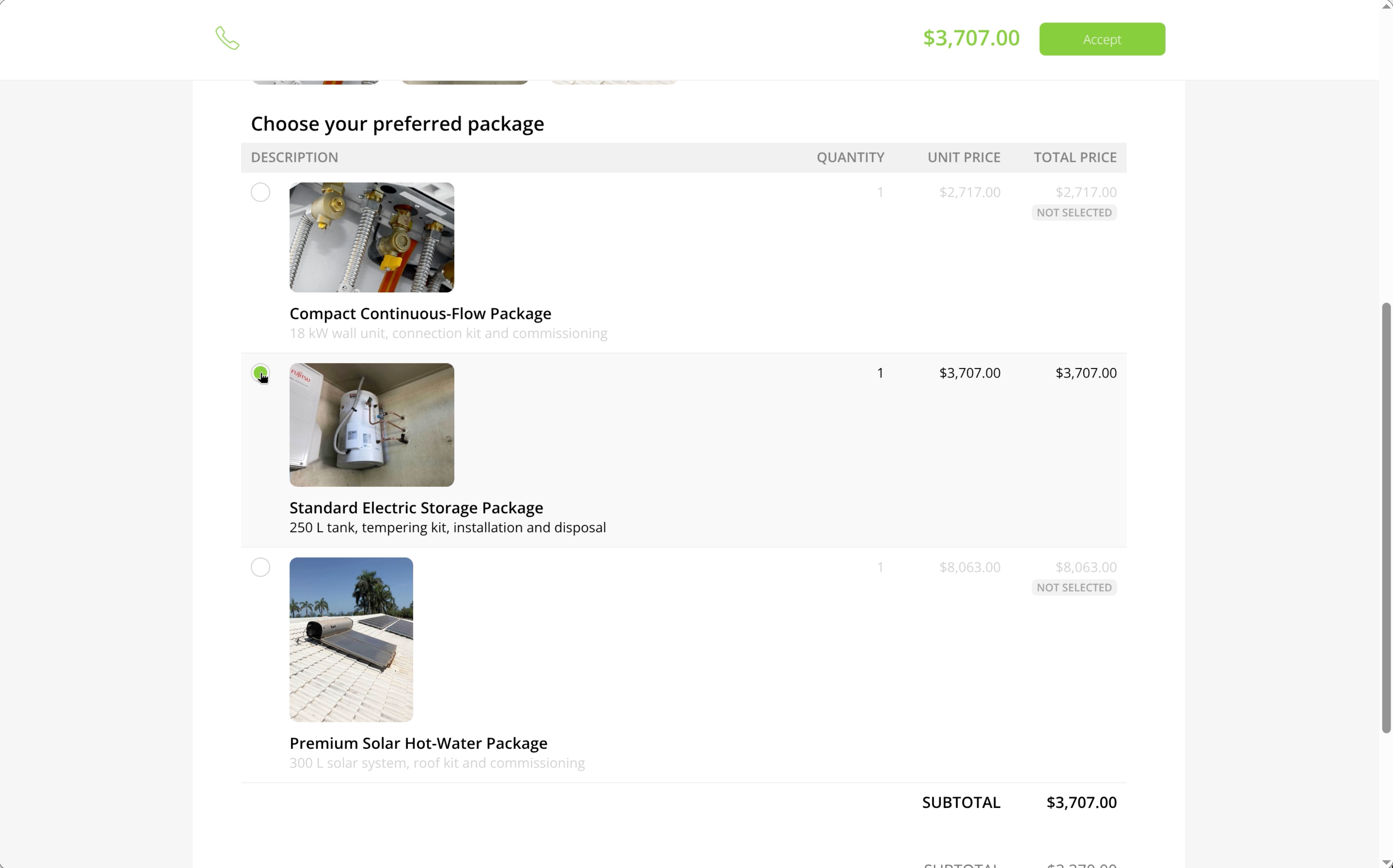 Client Proposal with a photo beside each Bundle option and one option selected.
