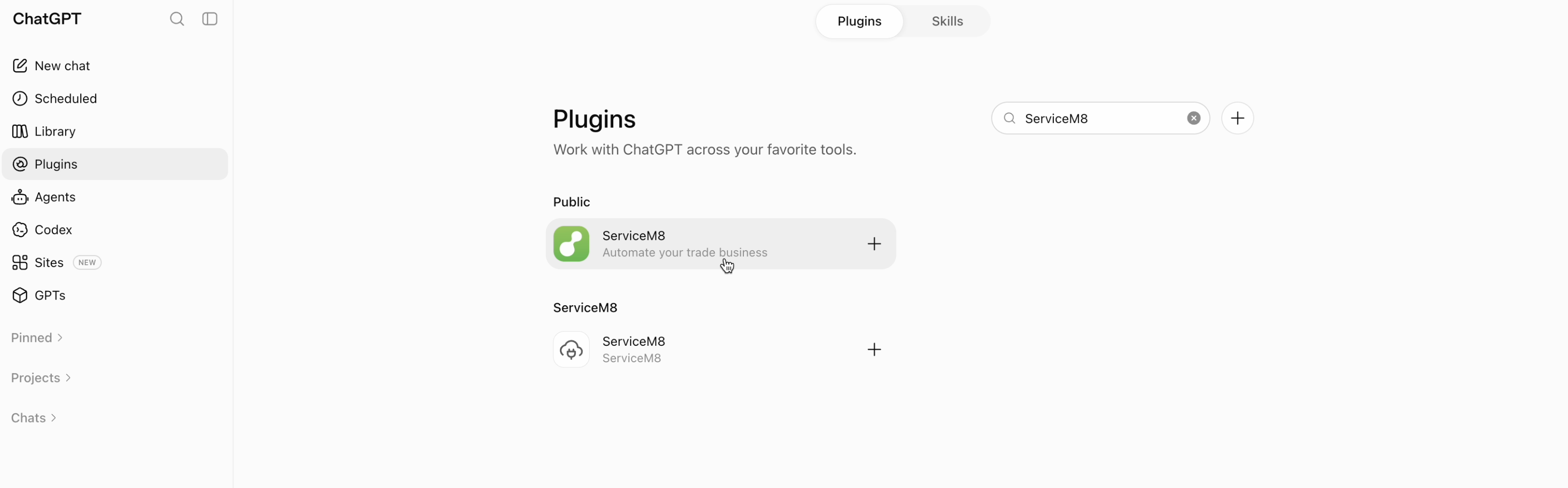 Find the public ServiceM8 plugin in ChatGPT