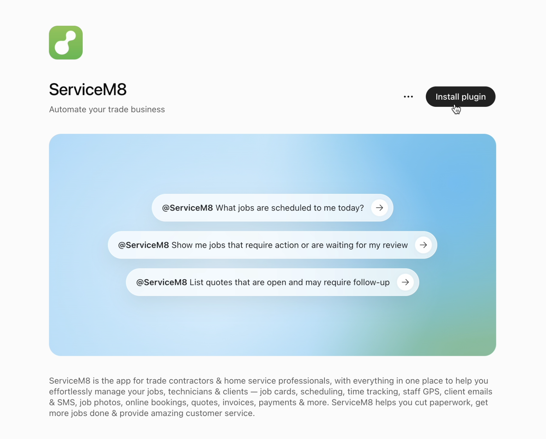 Install the ServiceM8 plugin in ChatGPT