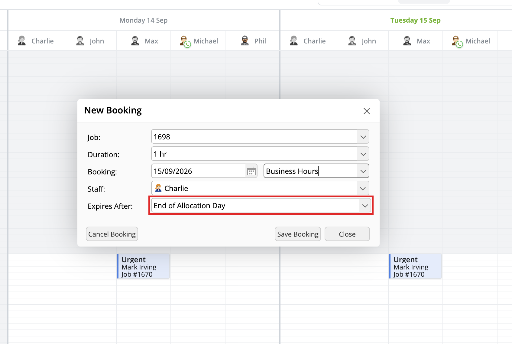 New Booking window in Staff Schedules with the Expires After field highlighted