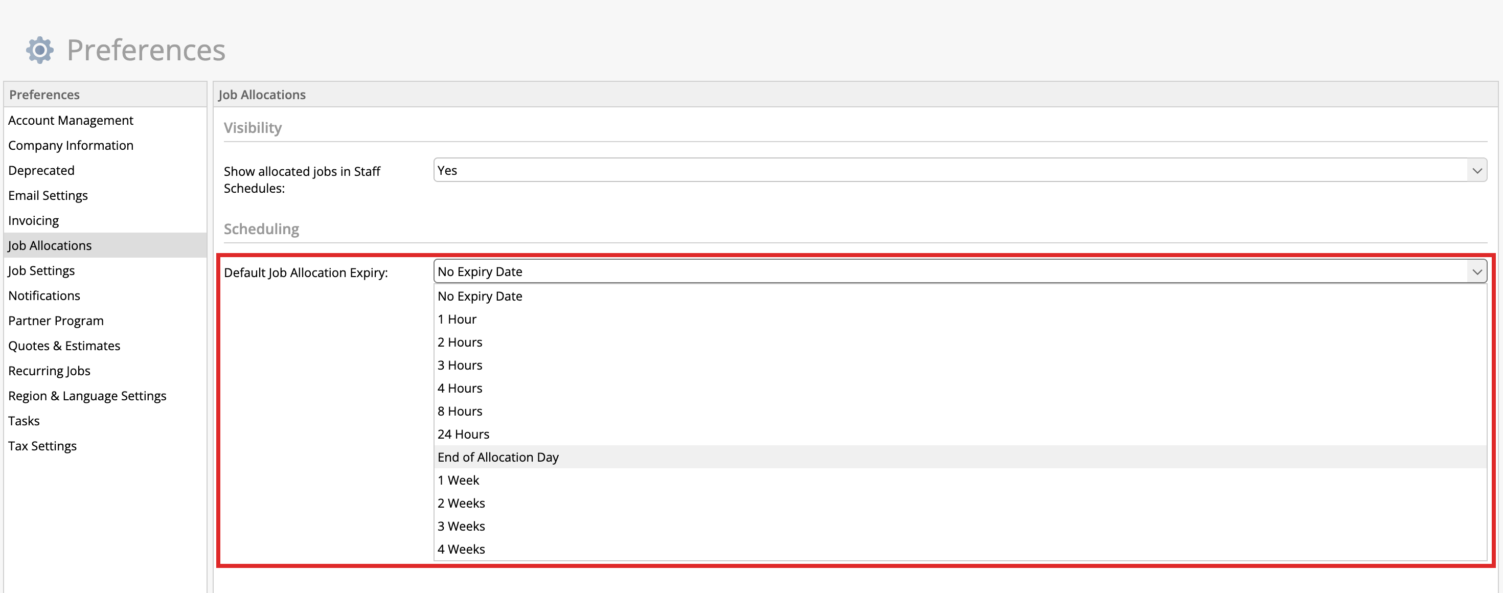 The Default Job Allocation Expiry preference and its options highlighted