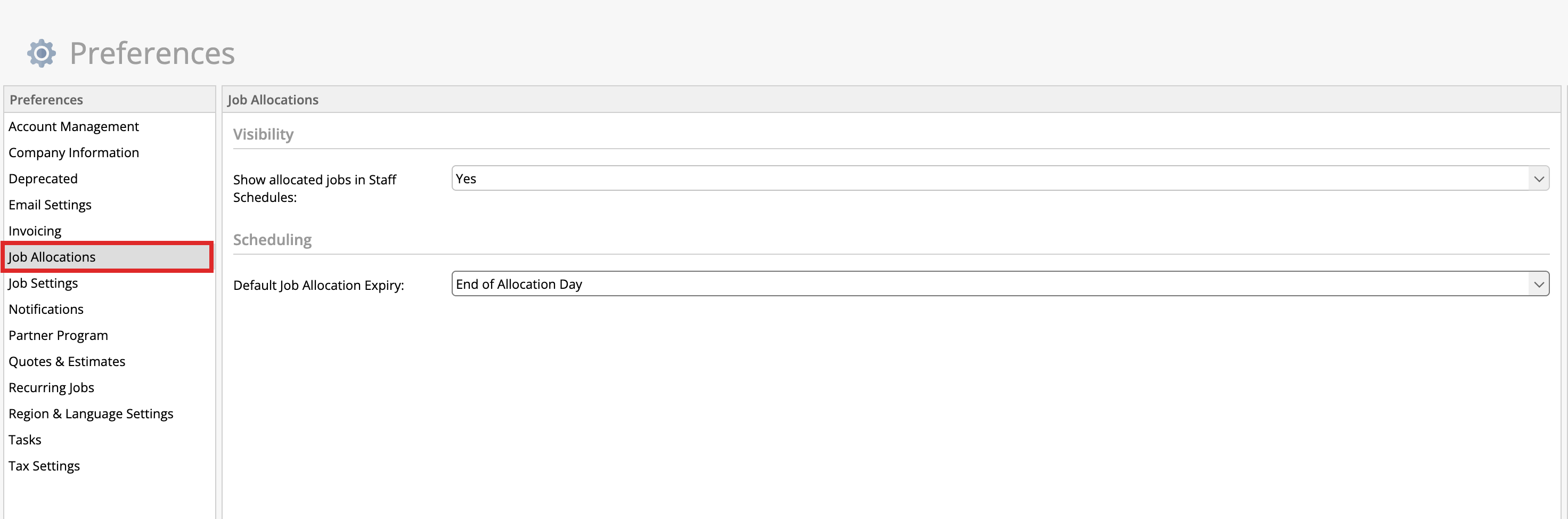 Job Allocations selected in the Preferences sidebar