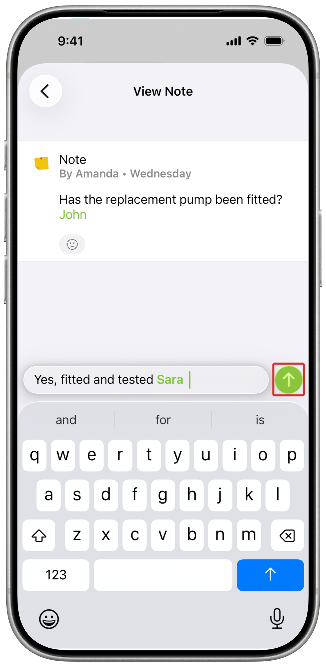 View Note reply composer with a selected staff mention and the send arrow outlined in red