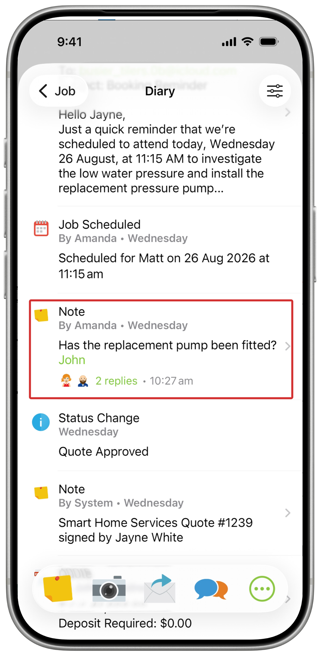 Job Diary with the note and its reply summary outlined in red