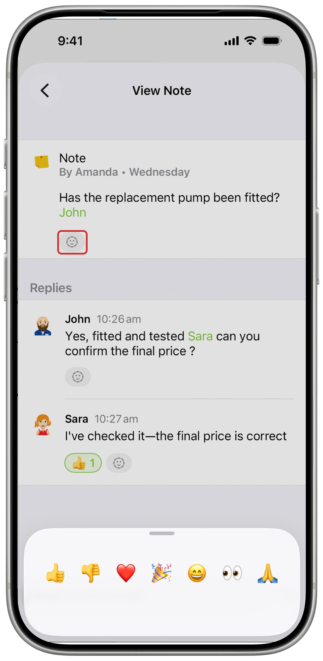 Emoji picker open with the note’s add-reaction button outlined in red
