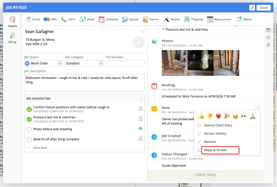 Job Diary note action menu with Reply to thread outlined in red