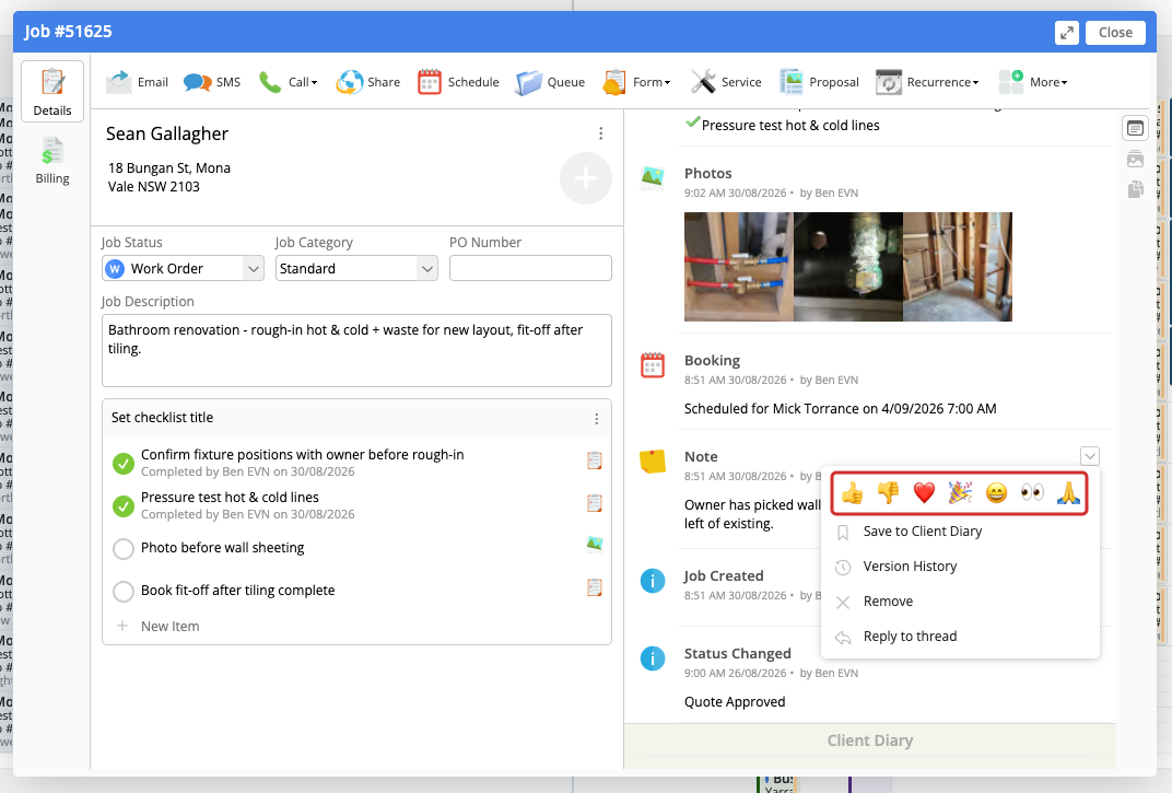 Job Diary note action menu with the emoji choices outlined in red