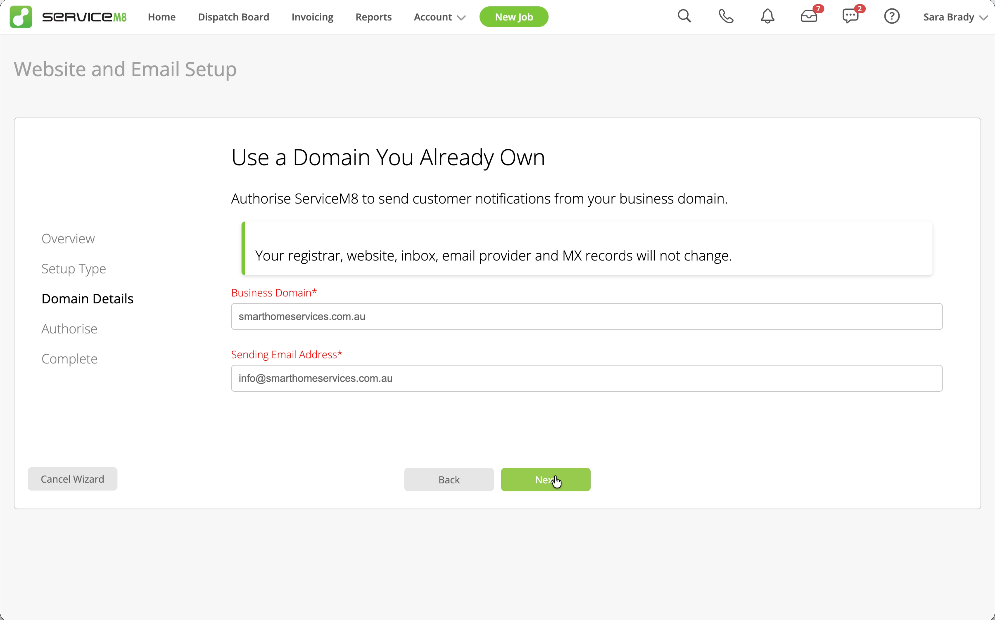 Business Domain and Sending Email Address entered in the setup wizard