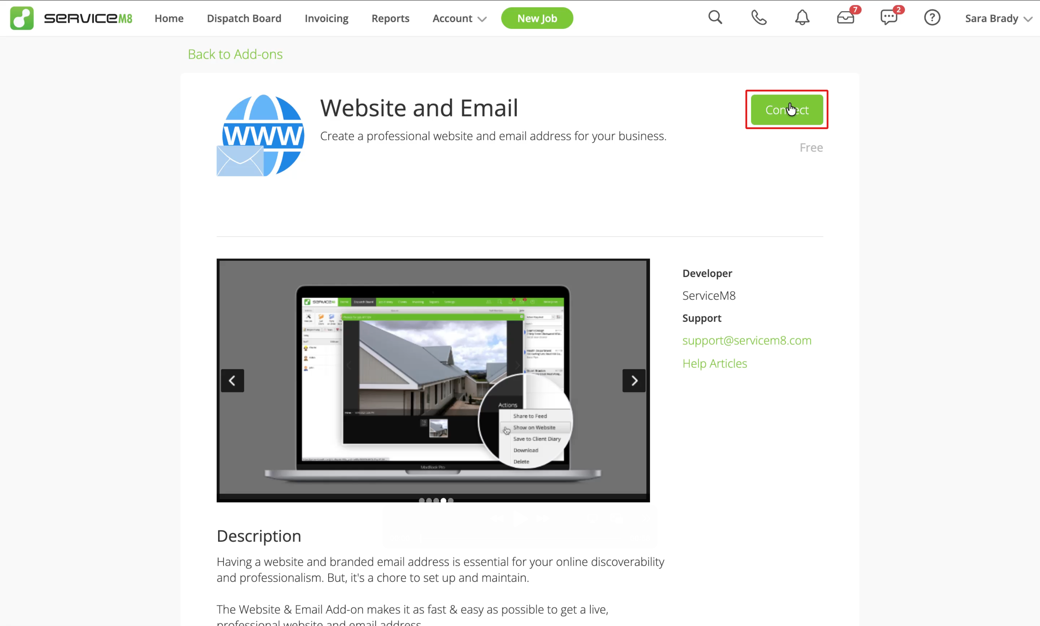 Website and Email add-on page with Connect outlined in red
