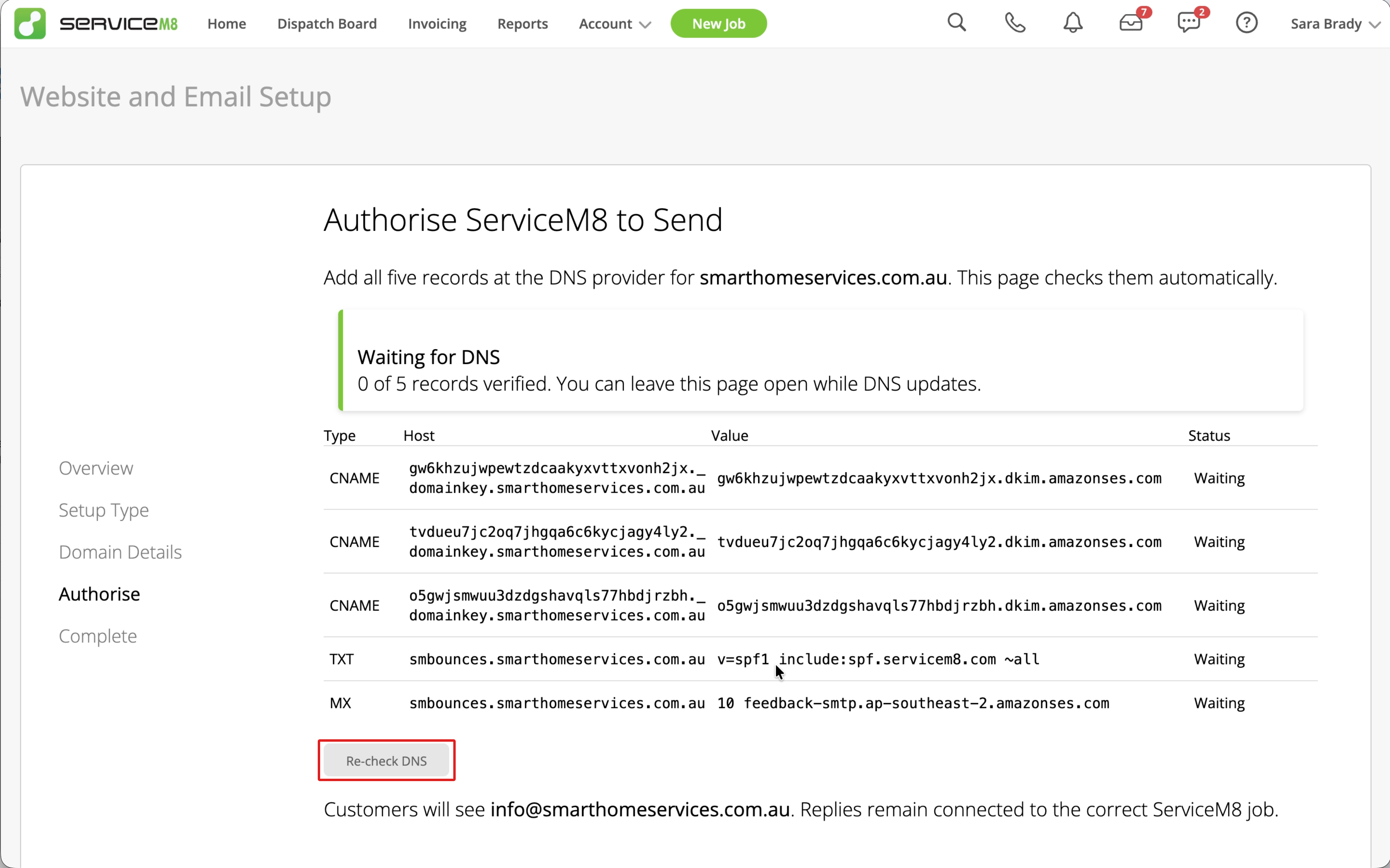 Five required DNS records awaiting verification, with Re-check DNS outlined in red