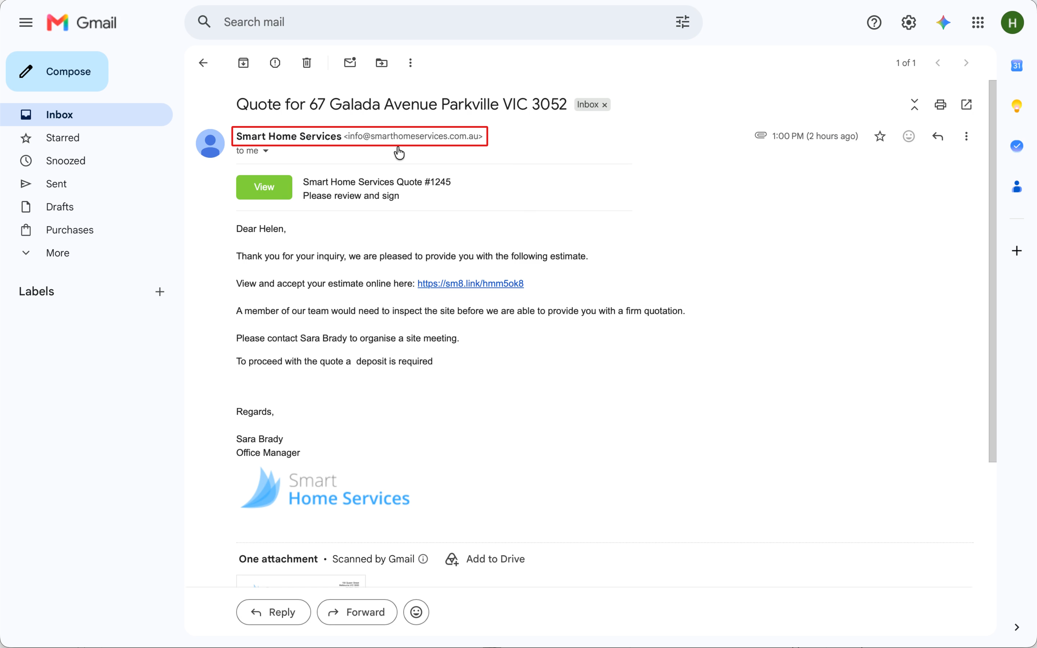 A received quote showing the configured business email address in the From field