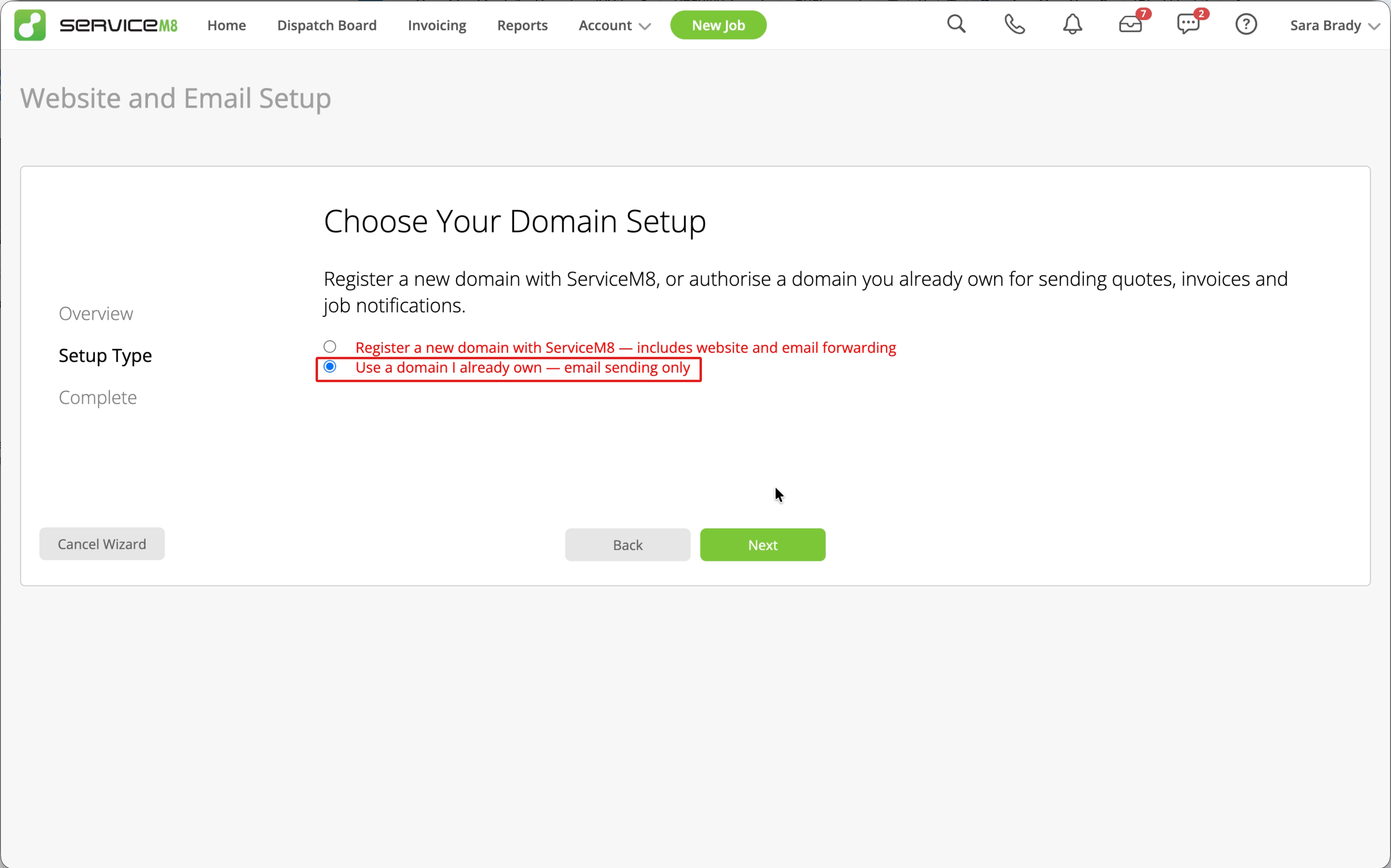 Website and Email Setup with the existing-domain option selected