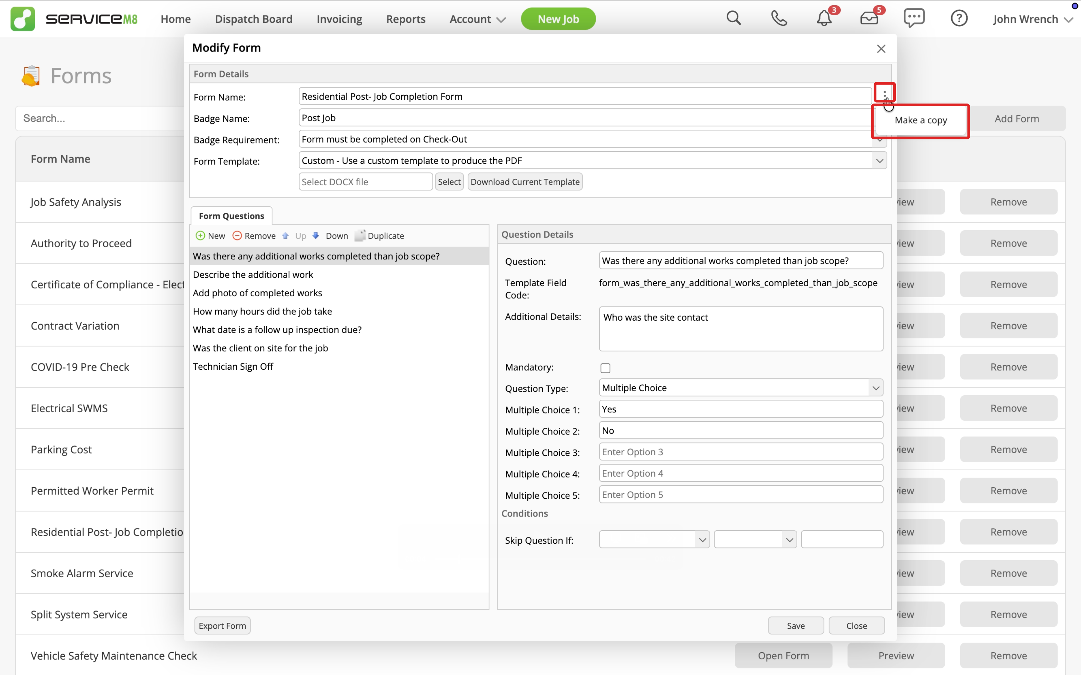 The three-dot menu and Make a copy option highlighted in the Form editor