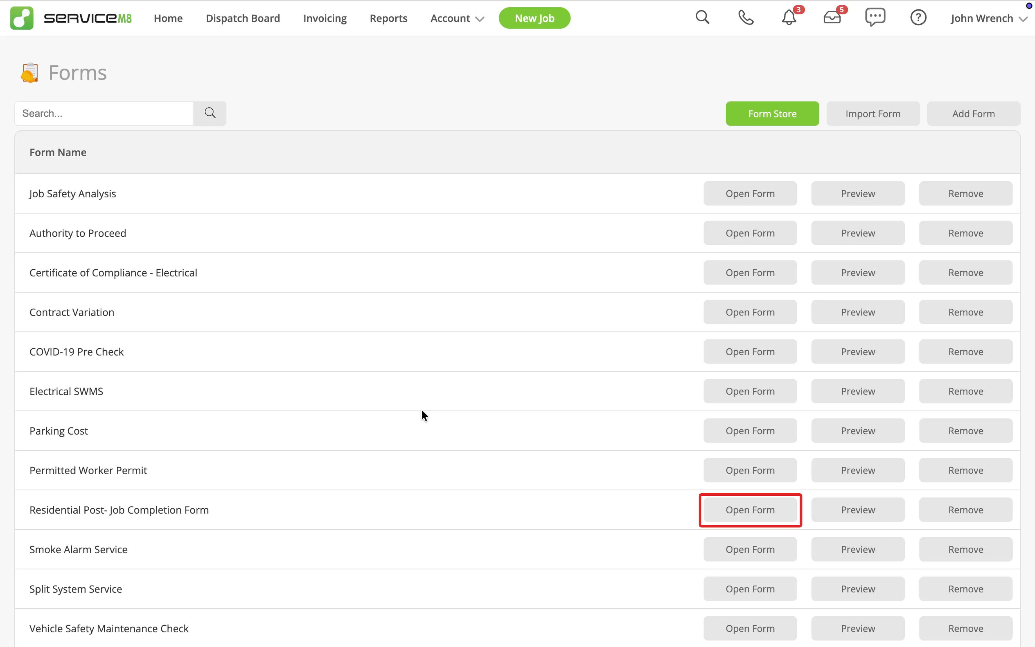 The Forms list with Open Form highlighted beside the Form to copy