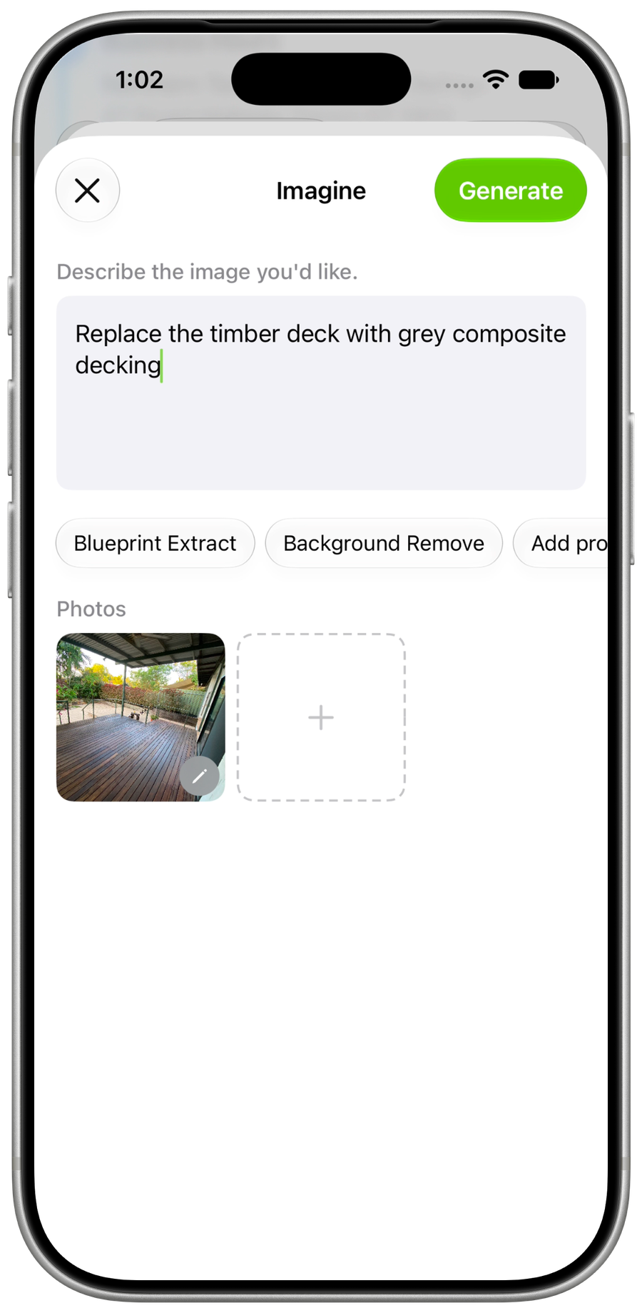 Imagine prompt with a source photo, example prompts and a Generate button