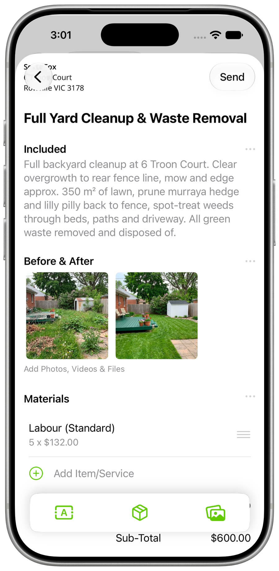 Proposal containing the generated yard visualisation in its photo gallery