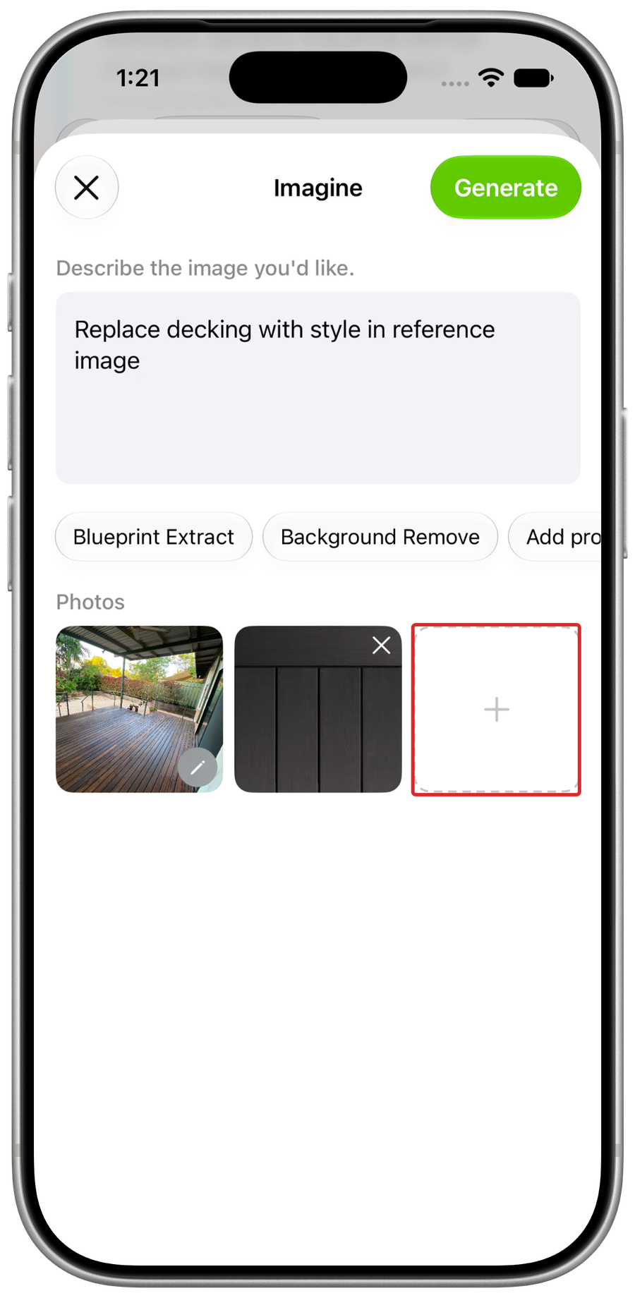 Imagine with a deck photo and a reference photo selected, and the add-photo control outlined