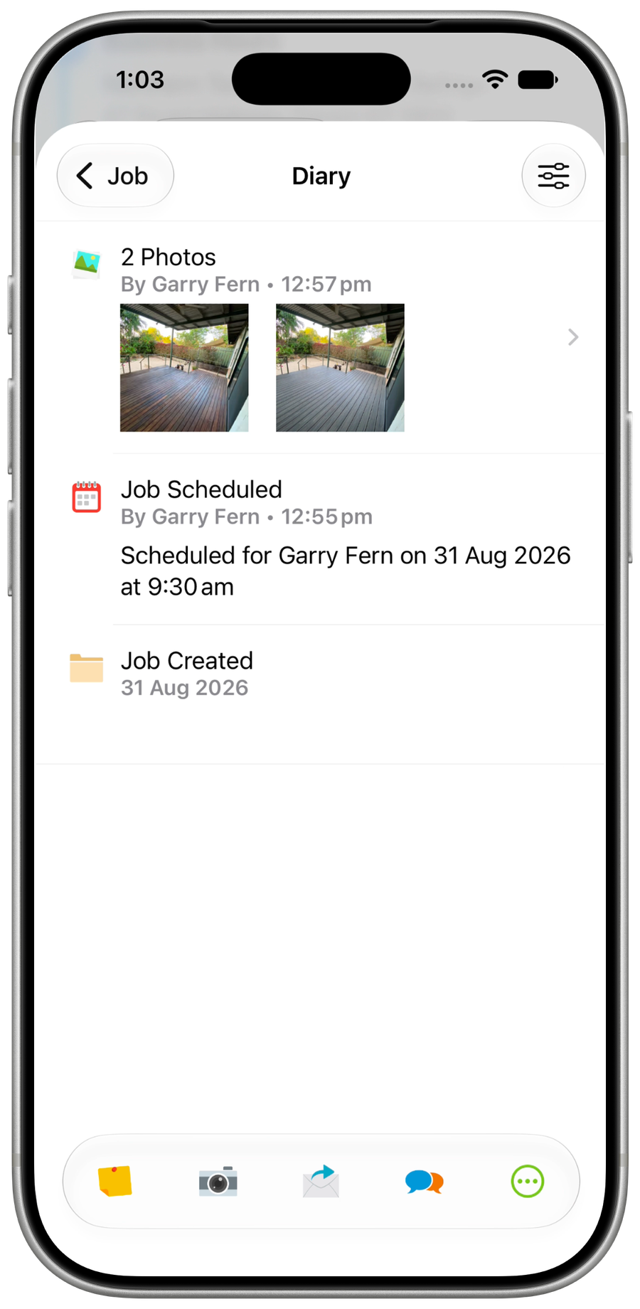 Job Diary showing the original deck photo and generated visualisation