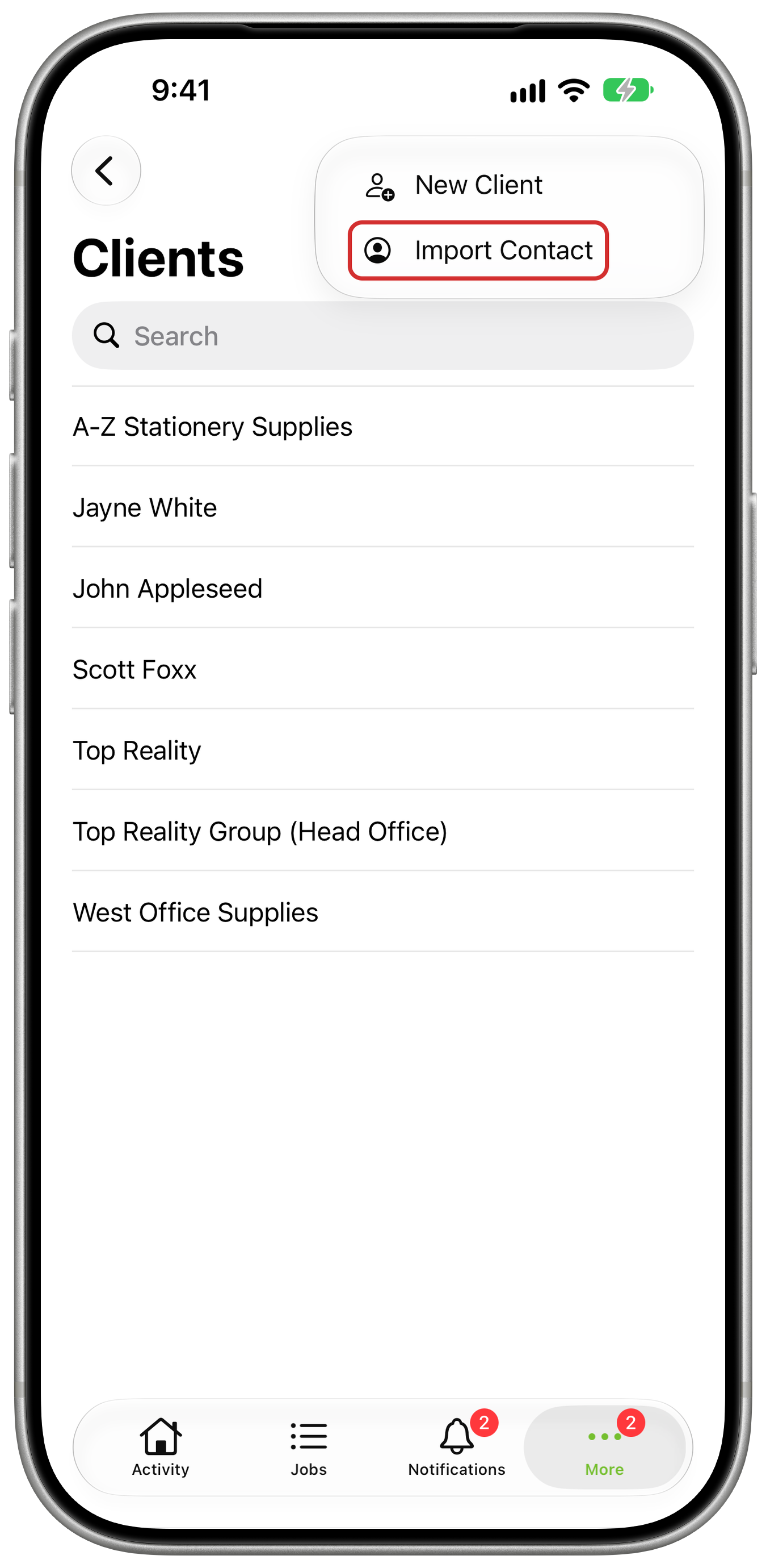 Clients screen with Import Contact outlined in the add menu