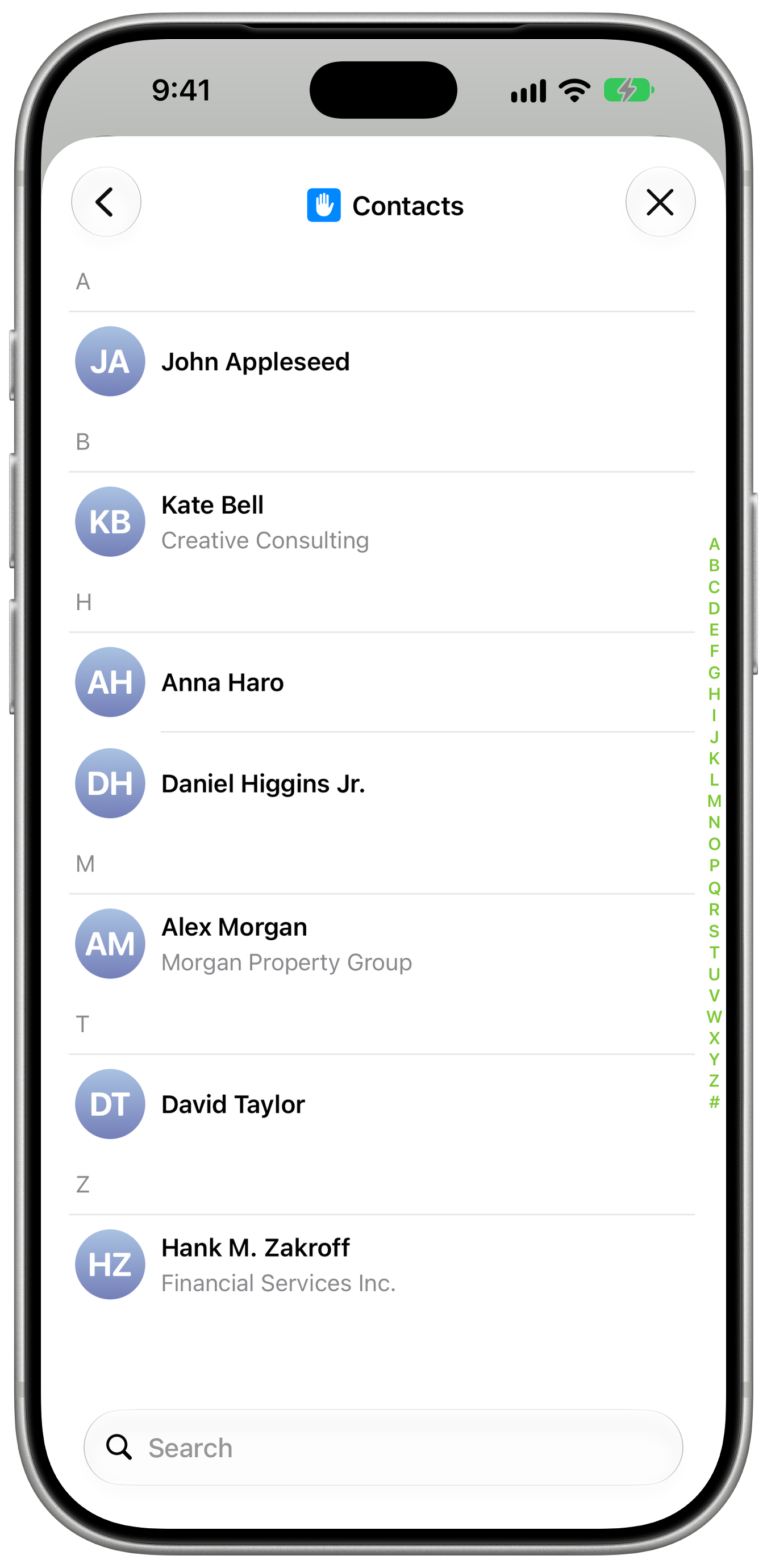 iPhone Contacts picker showing contacts available to import