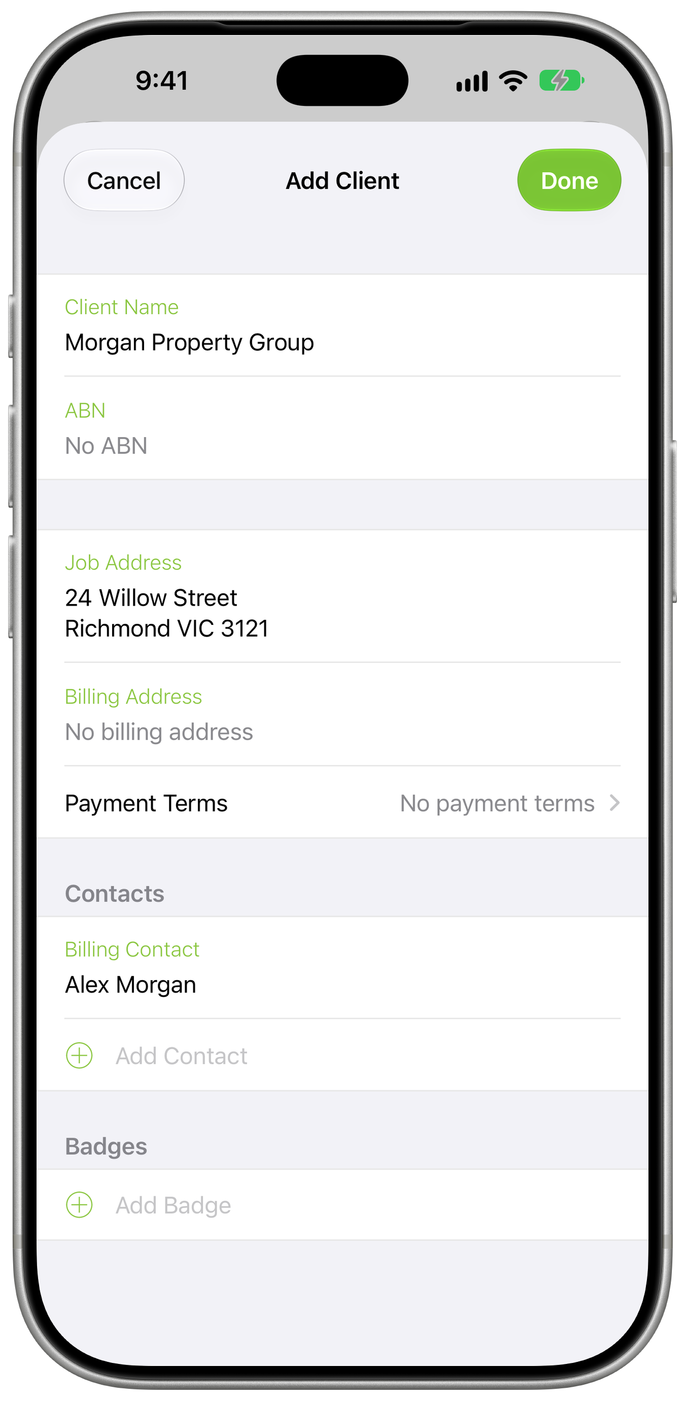 Add Client screen with the imported organisation, address and billing contact