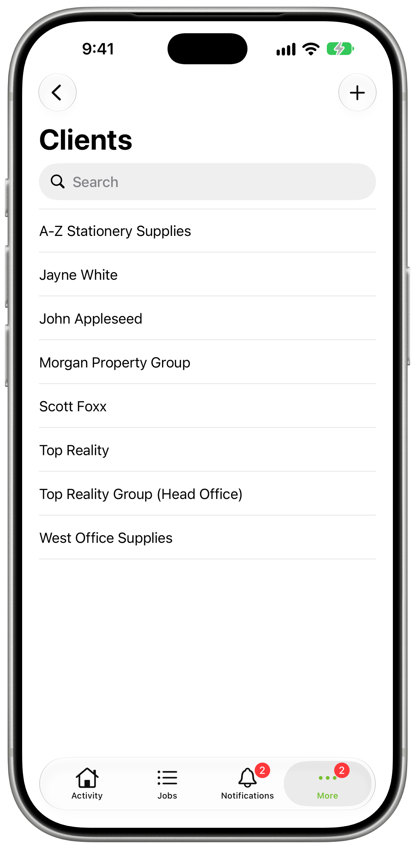 Clients list containing the saved imported client