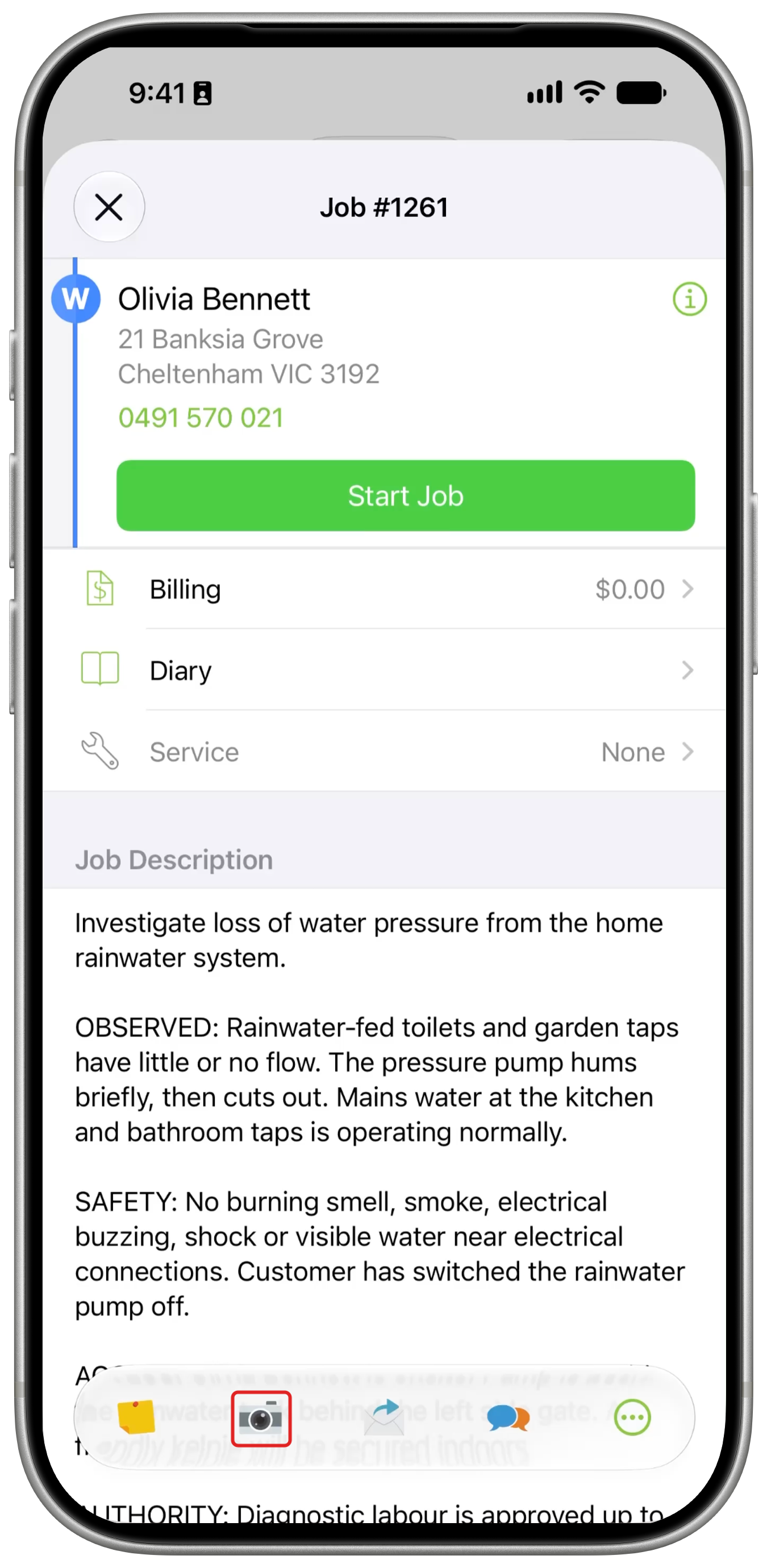 Job card with the Camera button outlined in red in the Job Actions bar