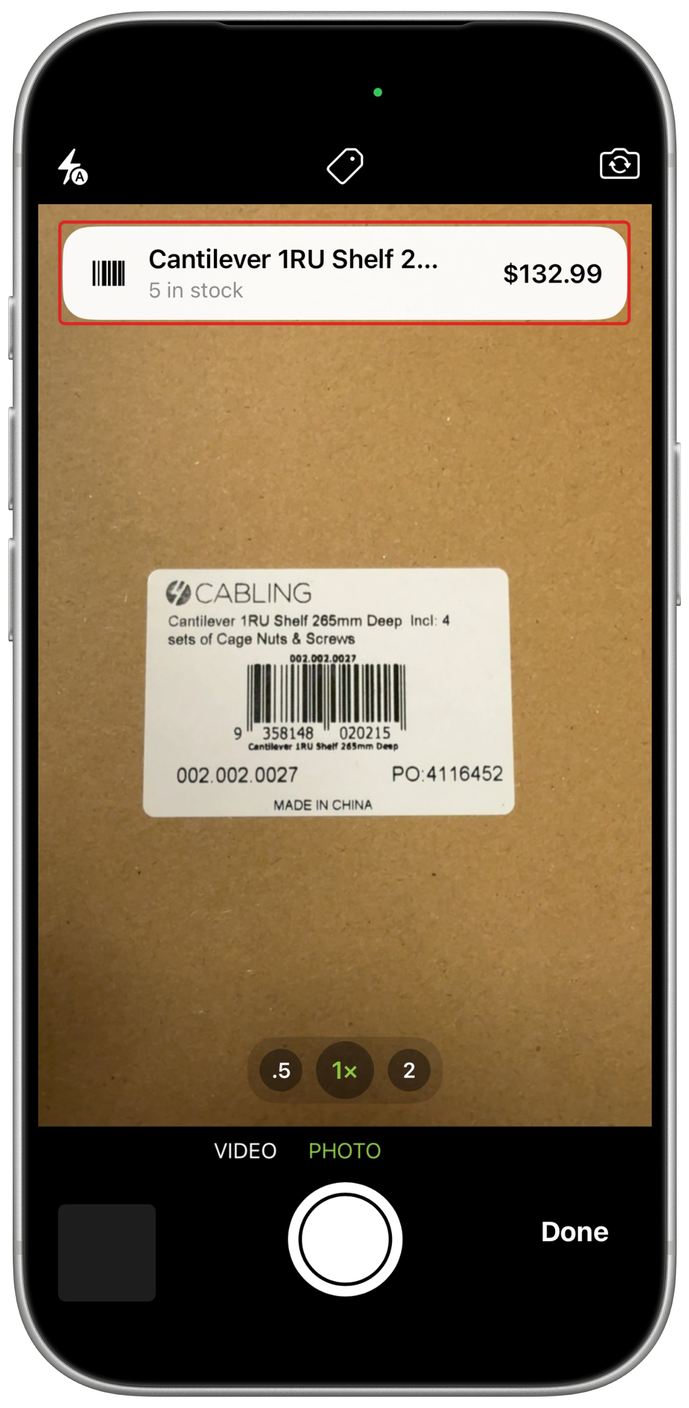 Job camera with the matching Material's price and stock result outlined in red