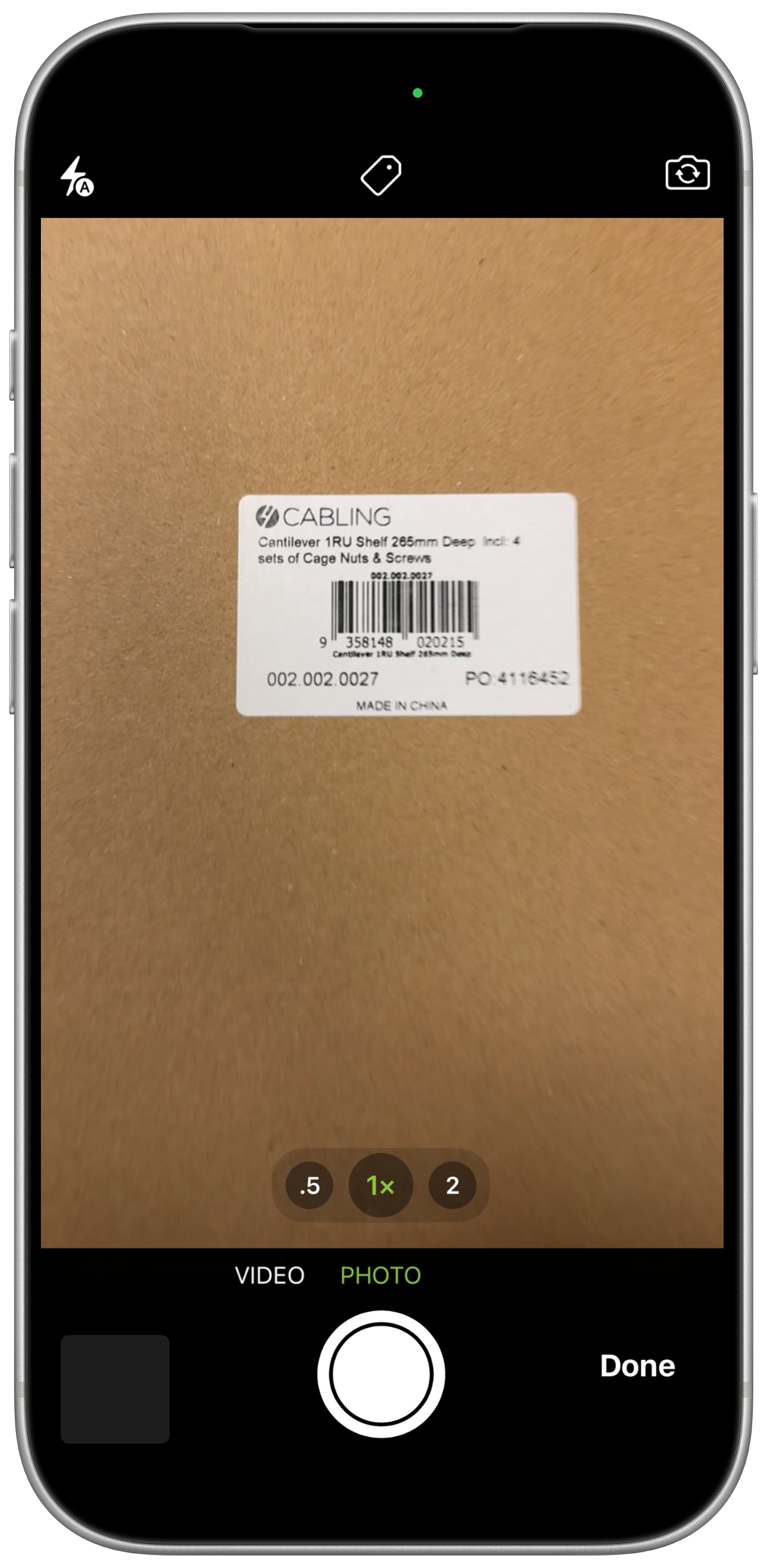Job camera pointed at a barcode on a product label