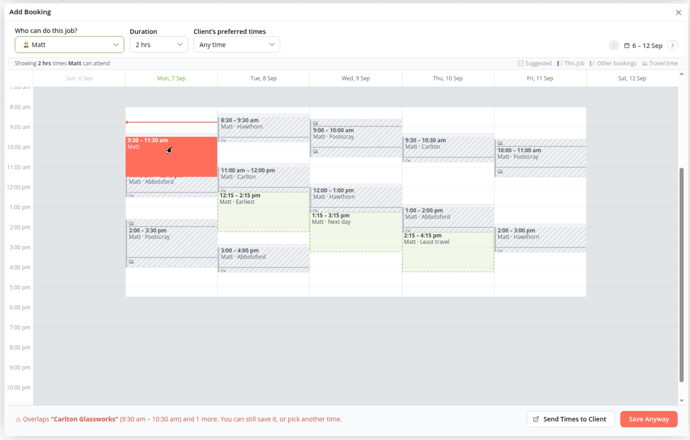 An overlapping booking with its warning and Save Anyway action visible