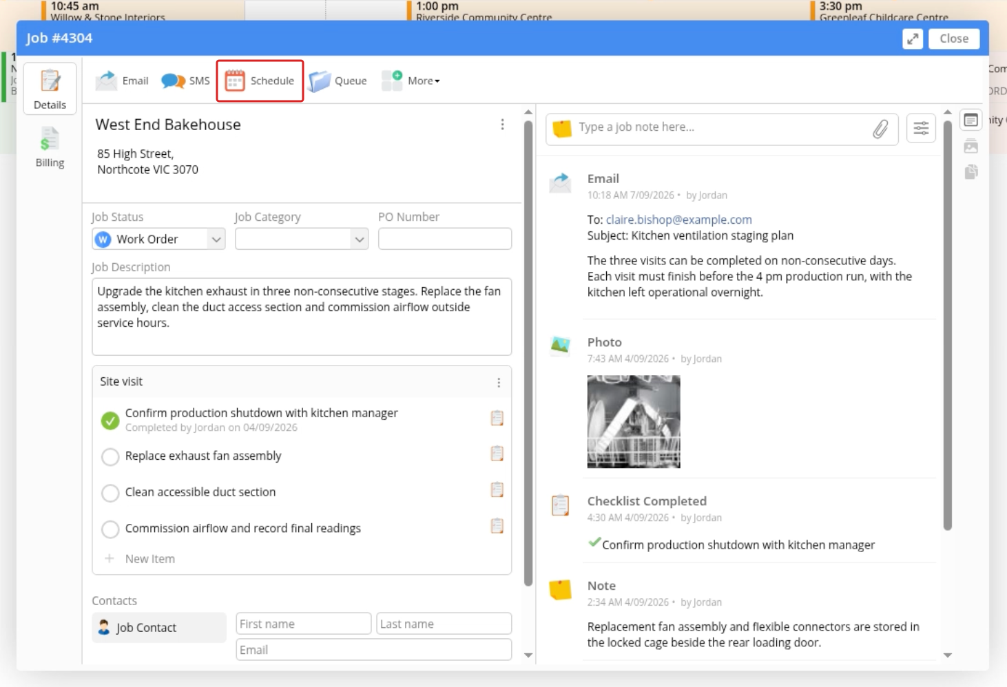 Job card with Schedule highlighted in the toolbar