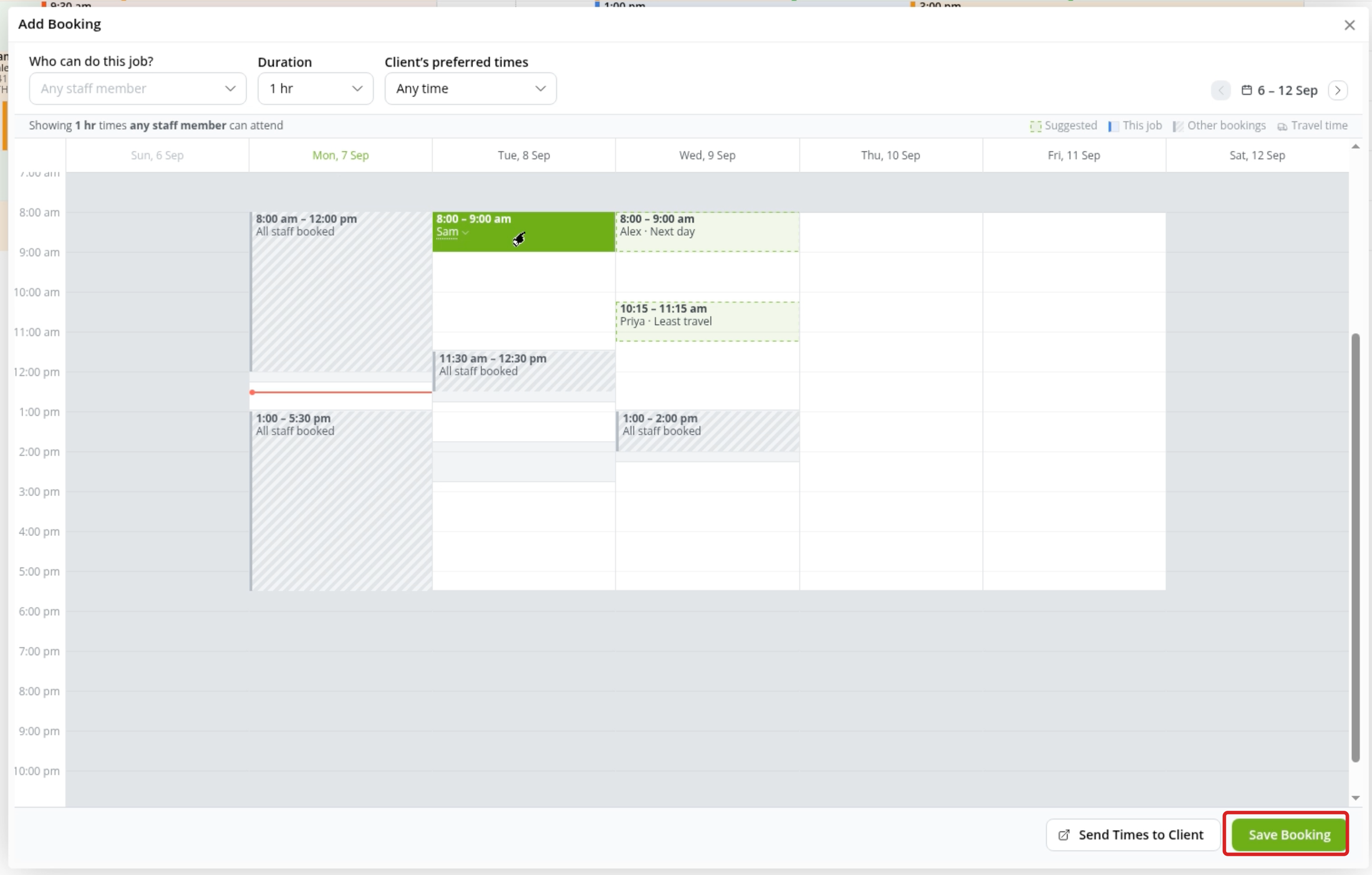 A suggested time selected as a solid booking block, with Save Booking highlighted