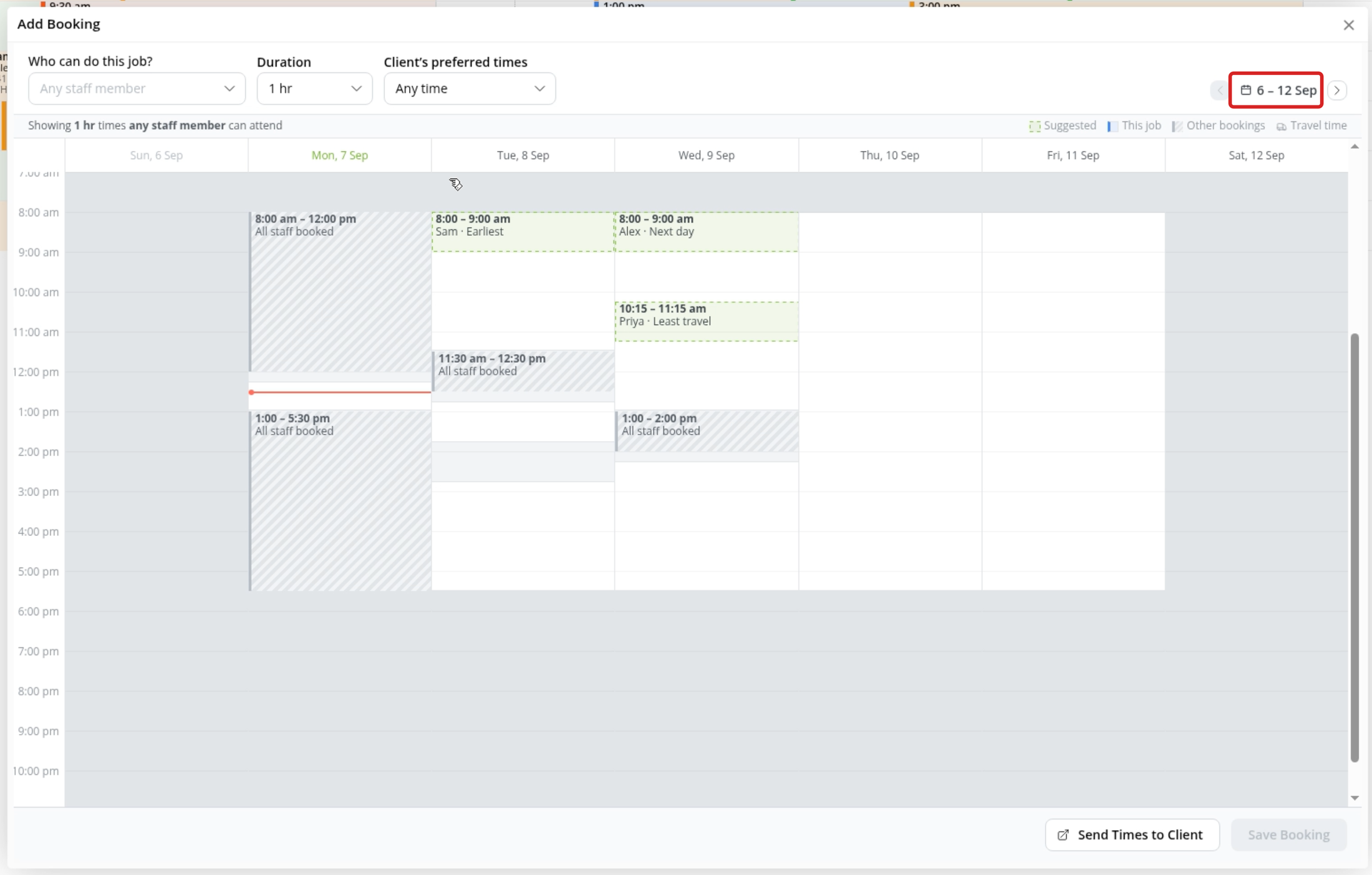 Weekly availability with suggested times, unavailable periods and the week heading highlighted
