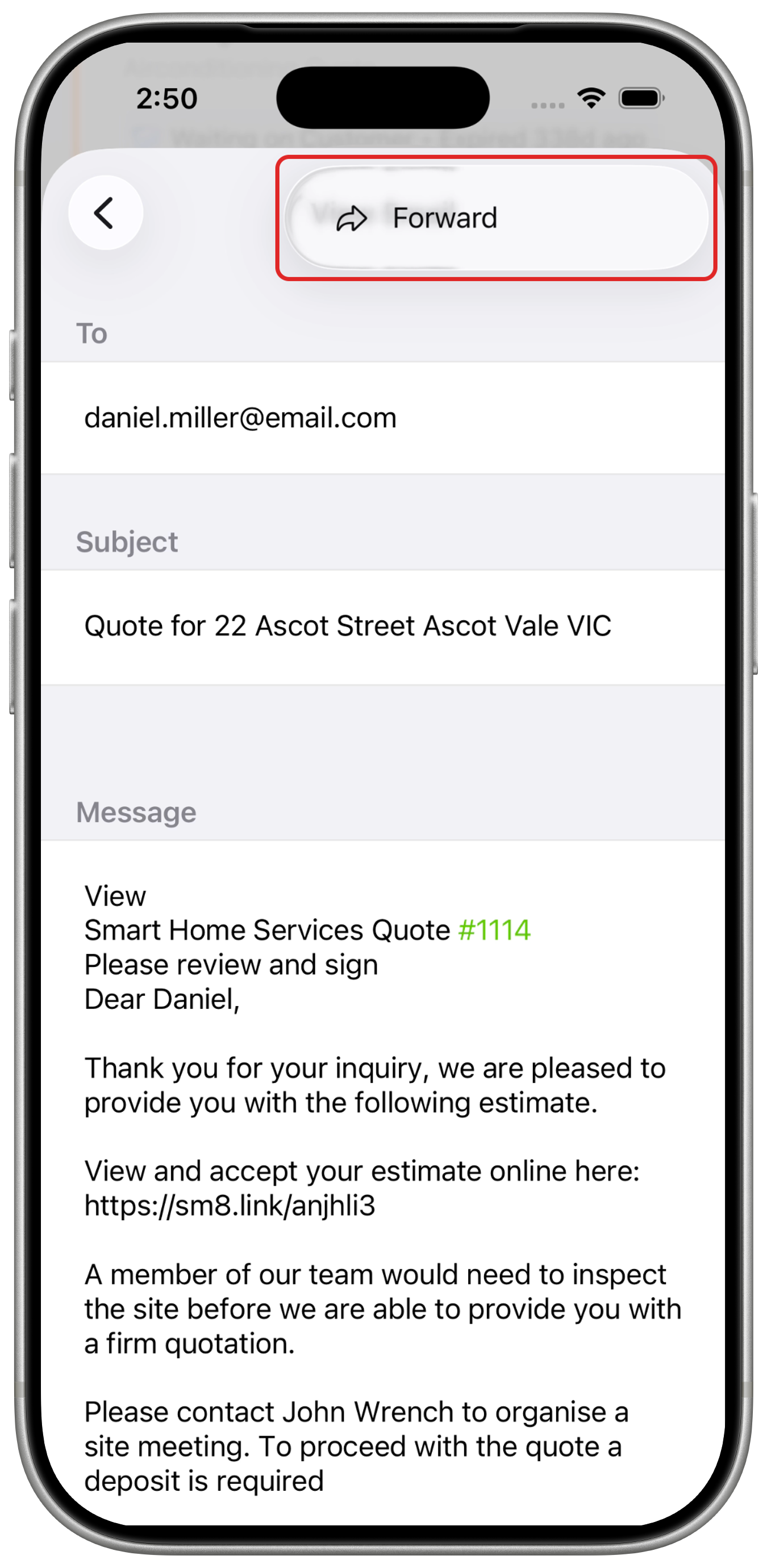 View Email with the Forward menu item outlined in red.