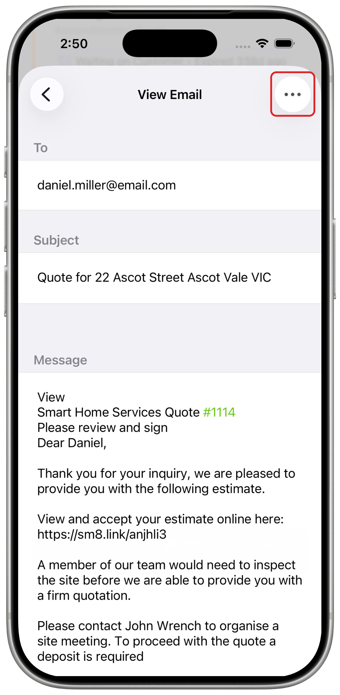 View Email with the More Actions button outlined in red in the top-right corner.