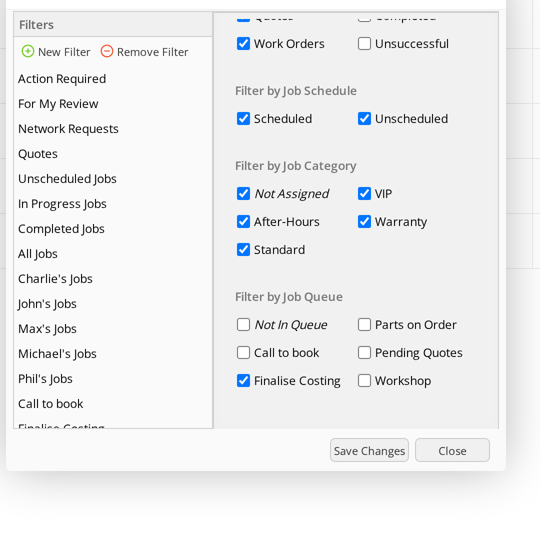 Custom filter options in the Manage Job Filters window