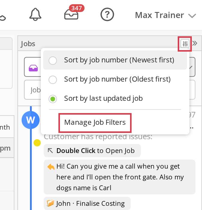 Jobs panel menu with the options button and Manage Job Filters highlighted