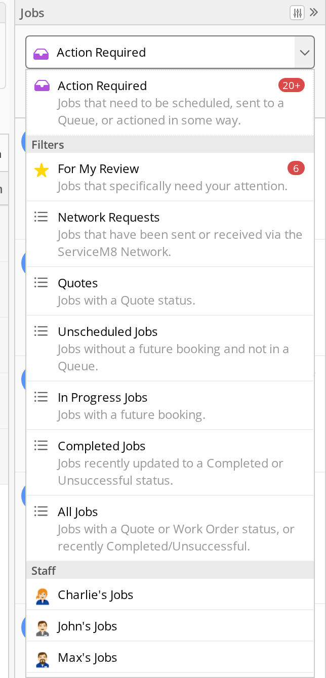 Job filters list on the Dispatch Board