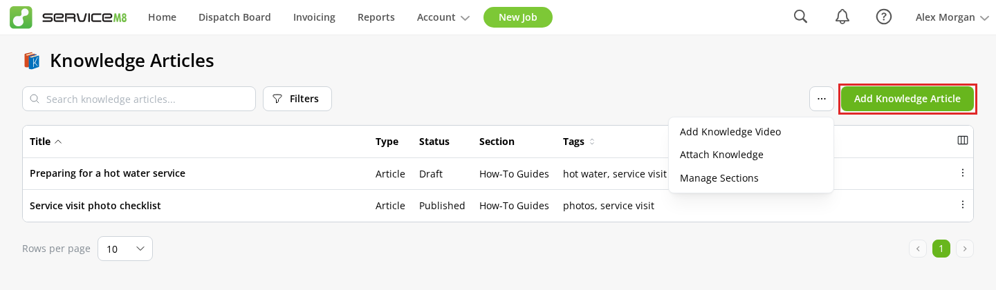 Add Knowledge Article button on the Knowledge Articles page