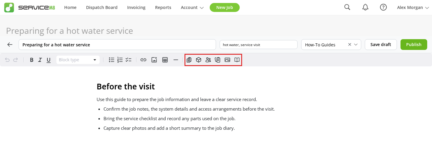 Article editor toolbar with content insertion controls