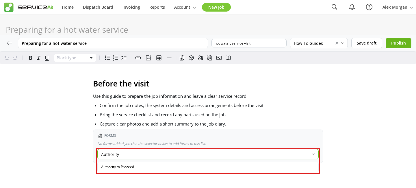 Search and selection in a Form list block