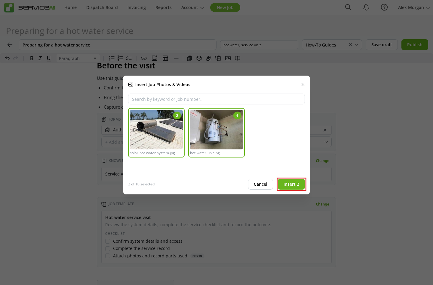Job photos and videos picker with two selected photos and Insert button